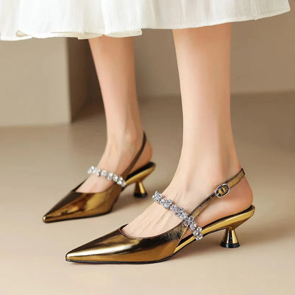 Women's crystal-strap pointed-toe slingback pumps with buckle