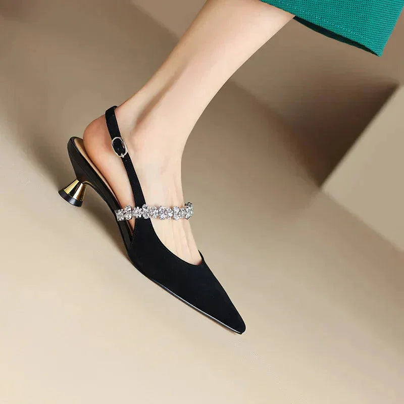 Women's crystal-strap pointed-toe slingback pumps with buckle