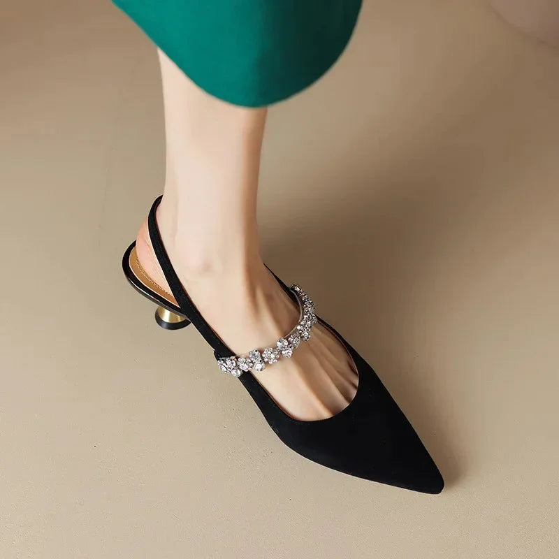 Women's crystal-strap pointed-toe slingback pumps with buckle – Black