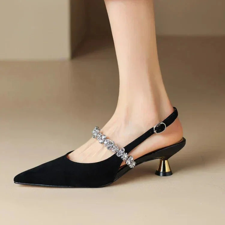 Women's crystal-strap pointed-toe slingback pumps with buckle
