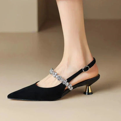 Women's crystal-strap pointed-toe slingback pumps with buckle