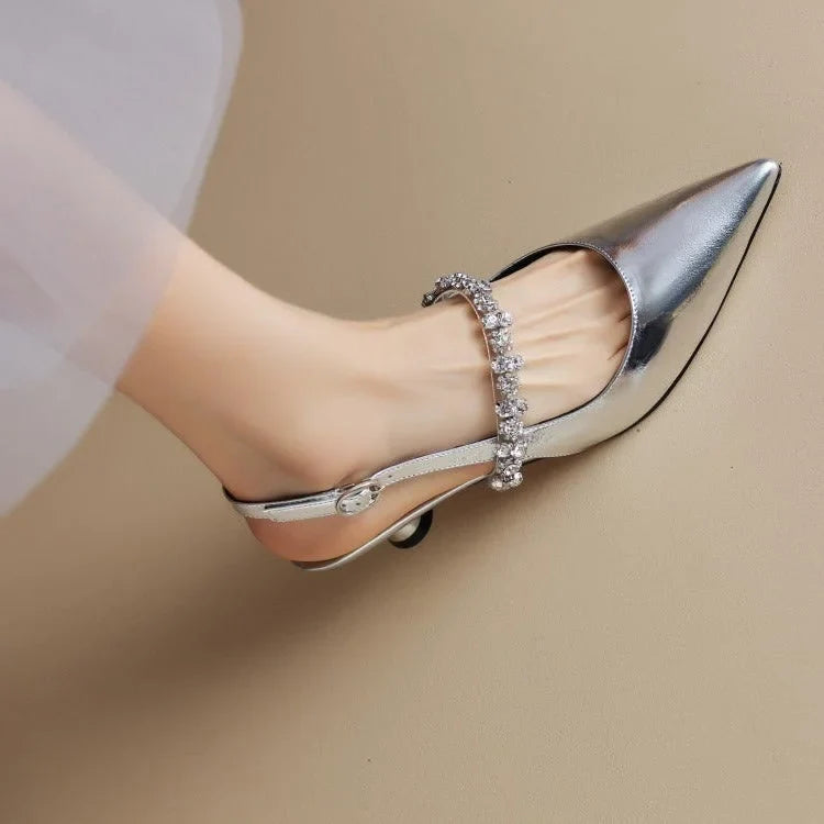 Women's crystal-strap pointed-toe slingback pumps with buckle – Silver