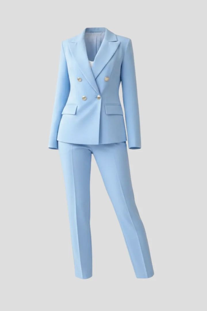 Women's double-breasted denim jacket blazer suit with tailored trousers