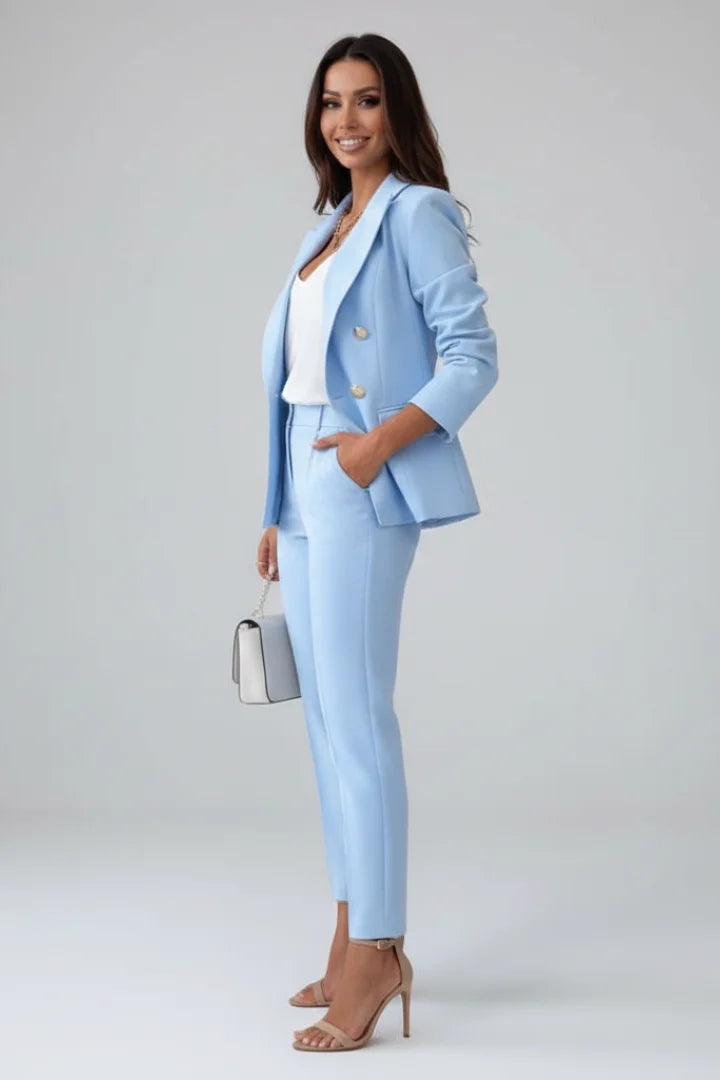 Women's double-breasted denim jacket blazer suit with tailored trousers