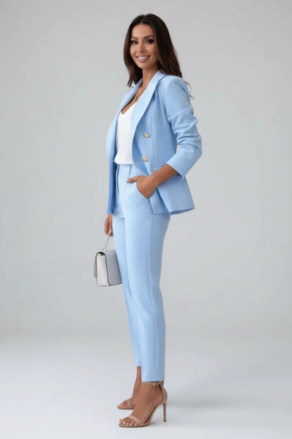 Women's double-breasted denim jacket blazer suit with tailored trousers