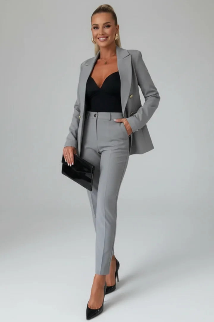Women's double-breasted denim jacket blazer suit with tailored trousers – Grey