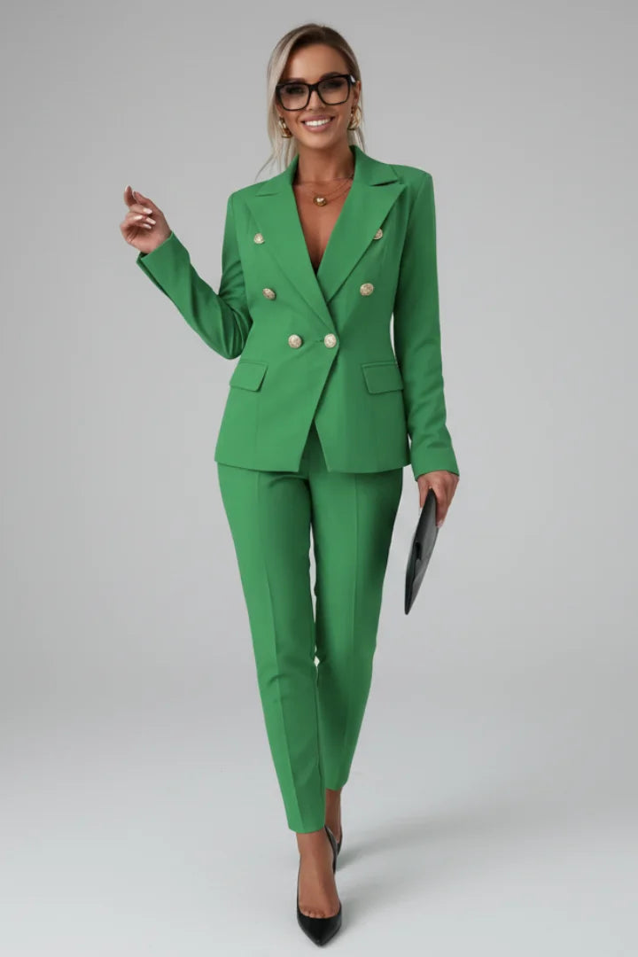 Women's double-breasted denim jacket blazer suit with tailored trousers – Green