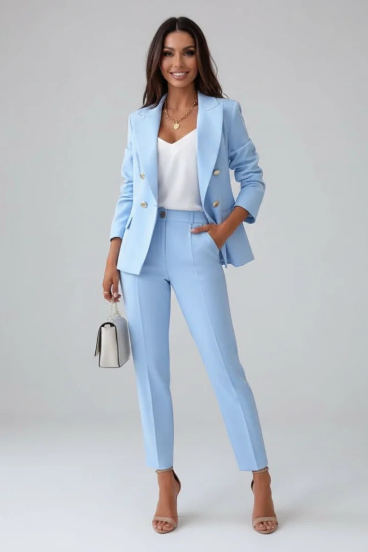 Women's double-breasted denim jacket blazer suit with tailored trousers – Light Blue