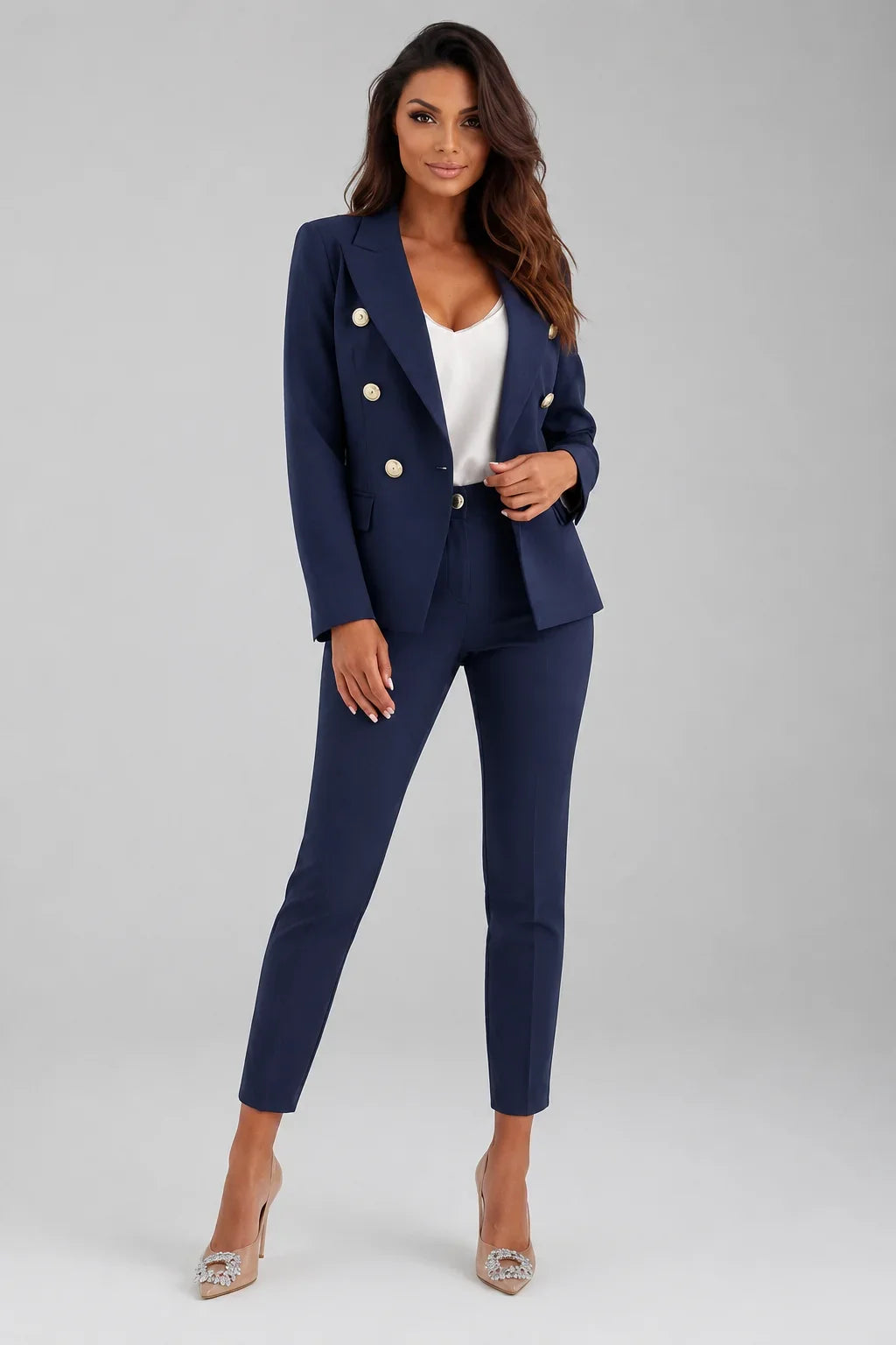 Women's double-breasted denim jacket blazer suit with tailored trousers – Navy Blue