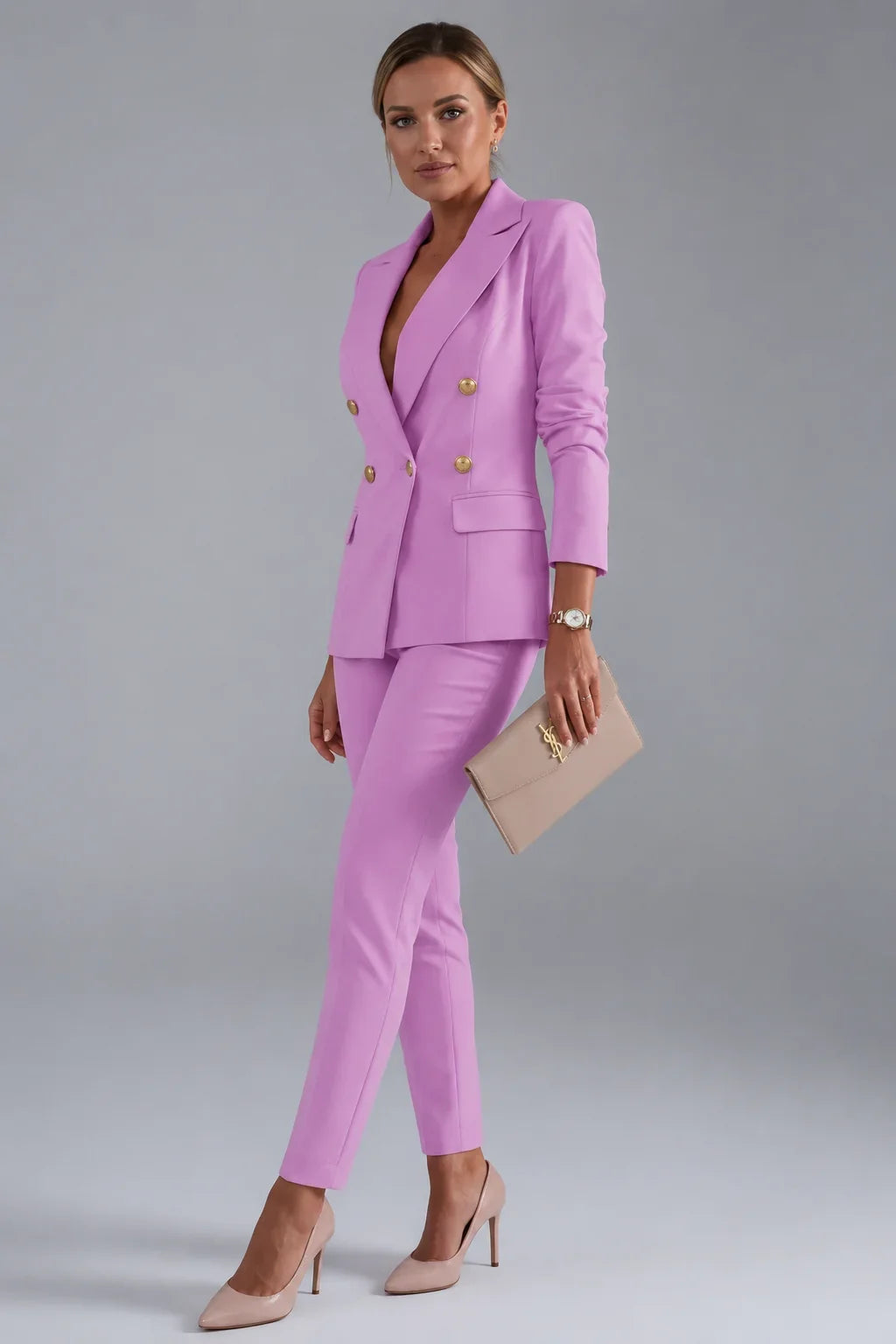 Women's double-breasted denim jacket blazer suit with tailored trousers – Pink