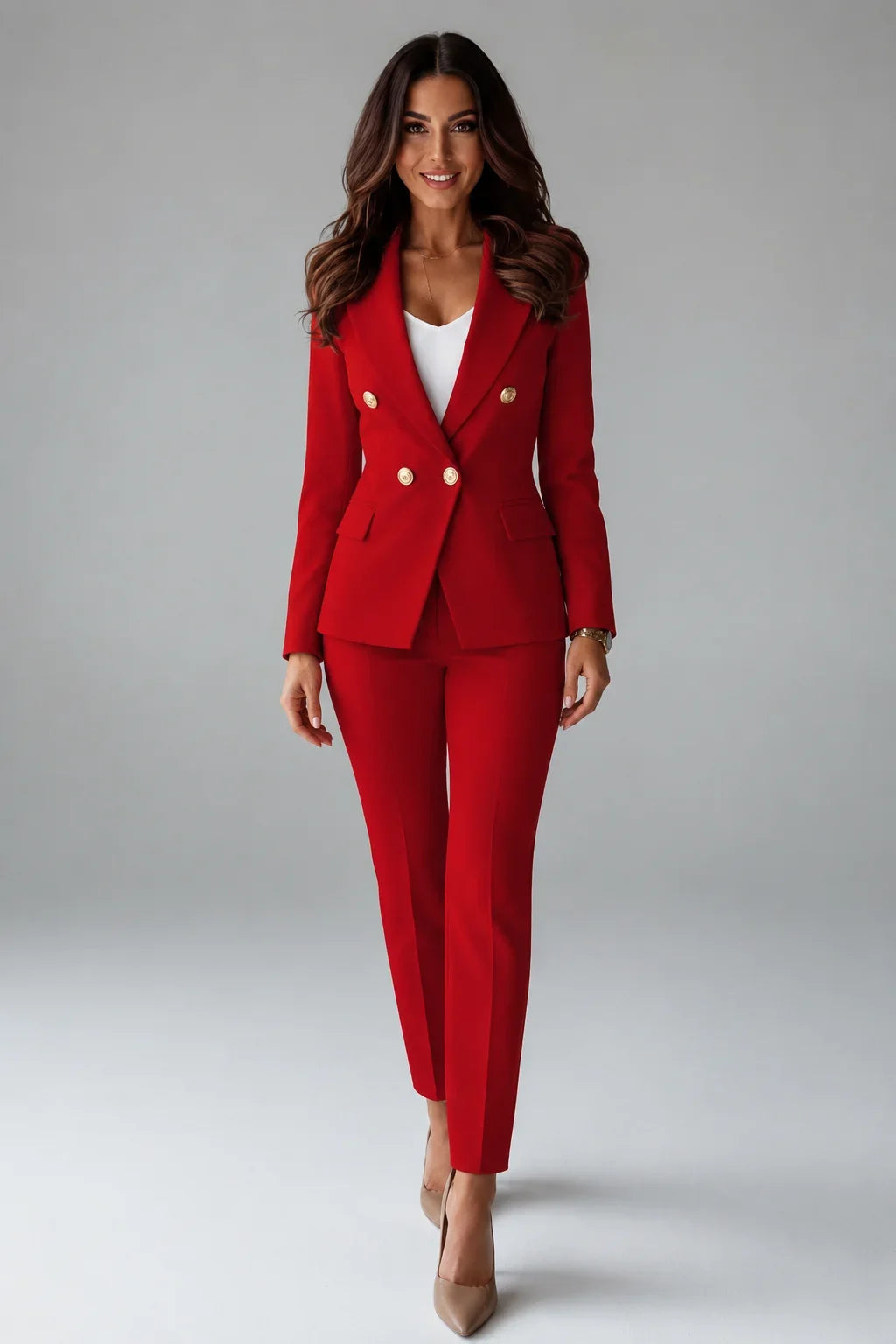 Women's double-breasted denim jacket blazer suit with tailored trousers – Red