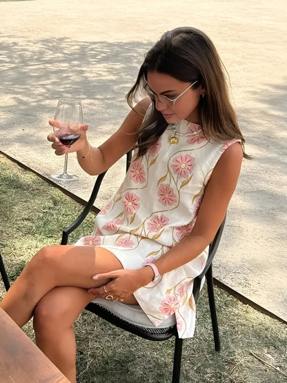Women's sleeveless A-line floral linen blouse dress – White