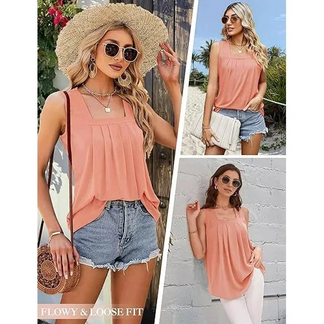 Women's sleeveless pleated knit top with relaxed fit and square neck
