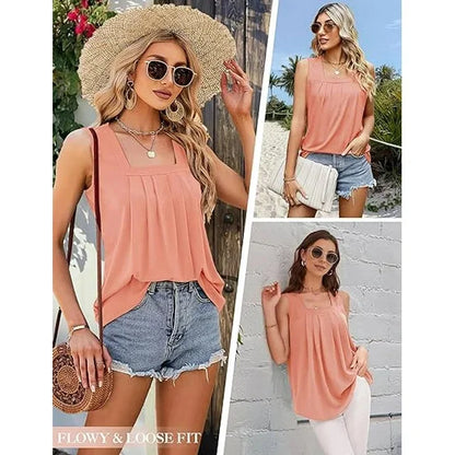 Women's sleeveless pleated knit top with relaxed fit and square neck
