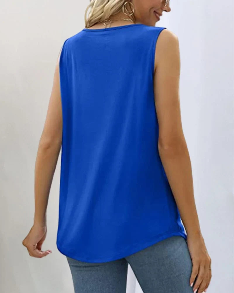 Women's sleeveless pleated knit top with relaxed fit and square neck