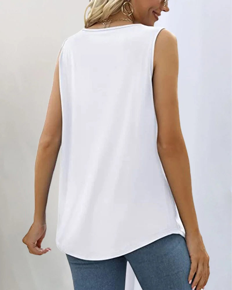 Women's sleeveless pleated knit top with relaxed fit and square neck