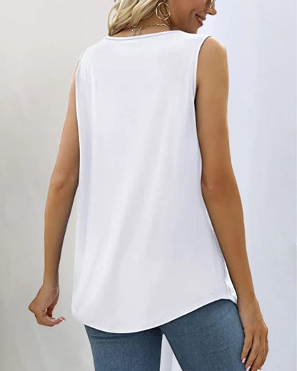 Women's sleeveless pleated knit top with relaxed fit and square neck