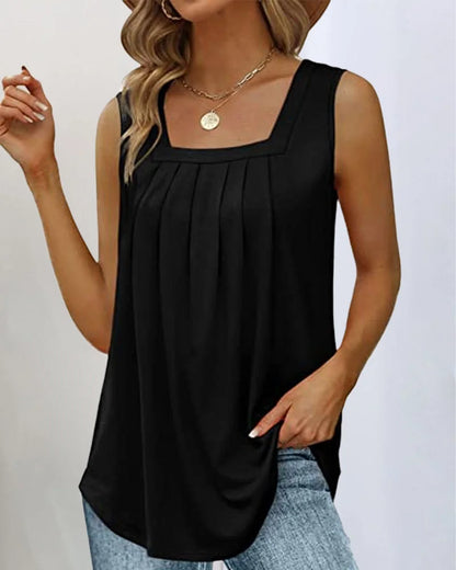 Women's sleeveless pleated knit top with relaxed fit and square neck – Black