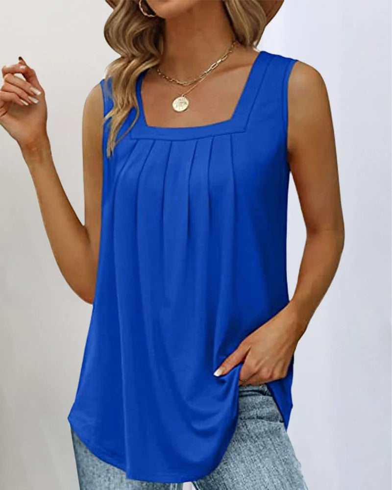 Women's sleeveless pleated knit top with relaxed fit and square neck – Blue