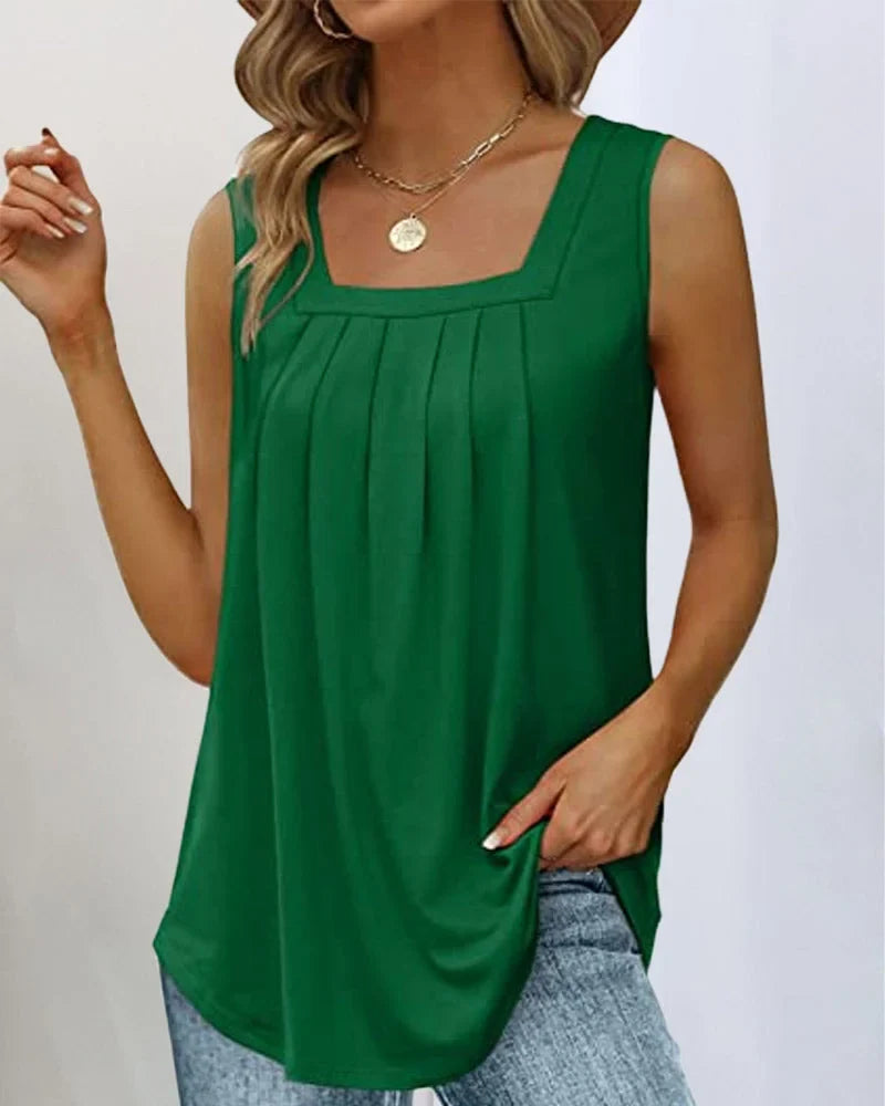 Women's sleeveless pleated knit top with relaxed fit and square neck – Green