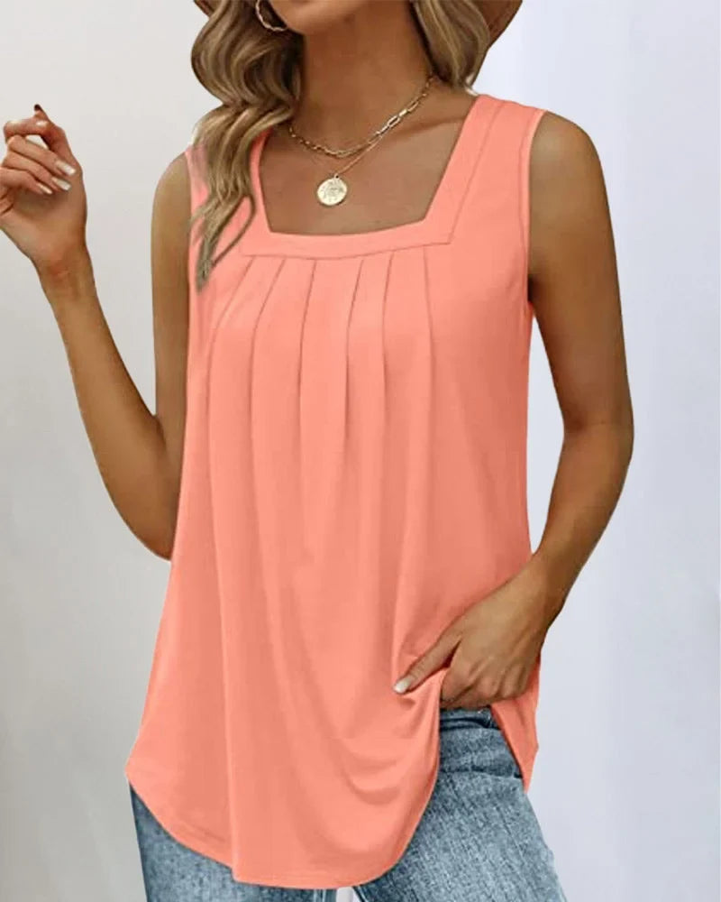 Women's sleeveless pleated knit top with relaxed fit and square neck – Peach