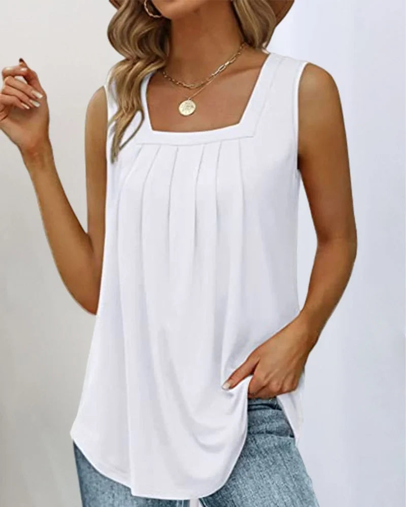 Women's sleeveless pleated knit top with relaxed fit and square neck – White