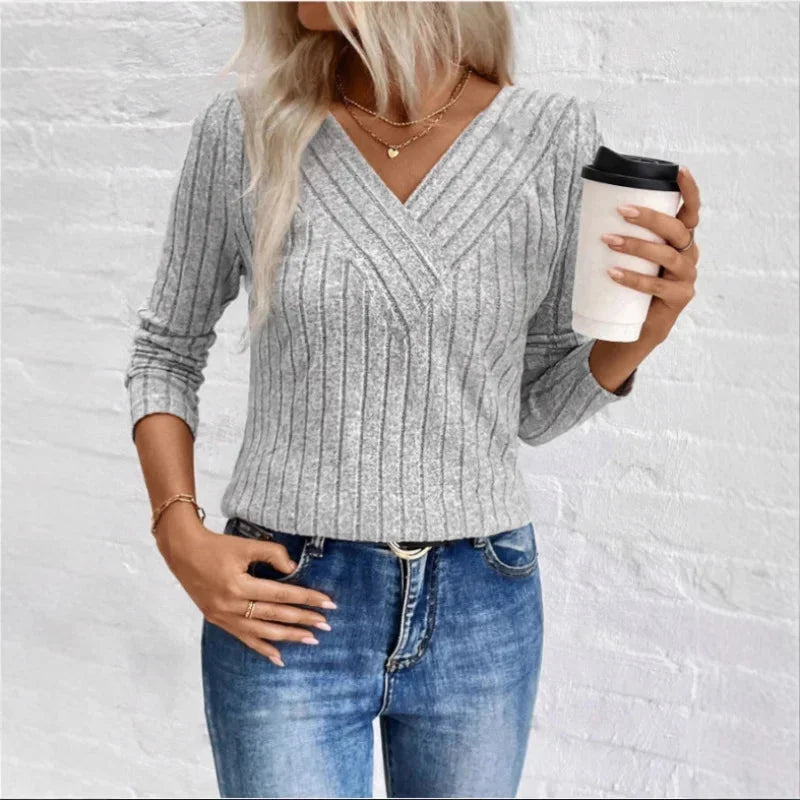 Women's slim-fit ribbed knit sweater with V-neck long-sleeves