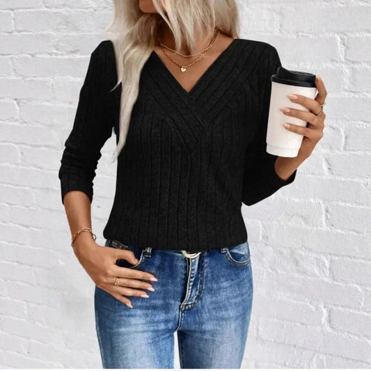 Women's slim-fit ribbed knit sweater with V-neck long-sleeves – Black