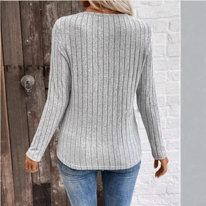 Women's slim-fit ribbed knit sweater with V-neck long-sleeves