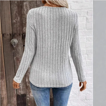 Women's slim-fit ribbed knit sweater with V-neck long-sleeves