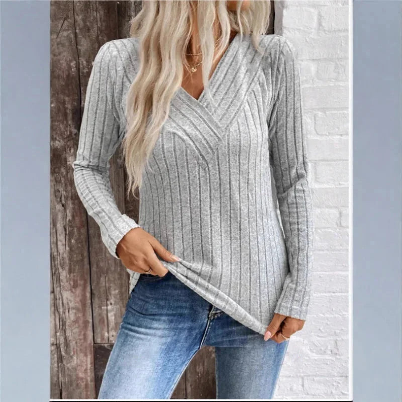 Women's slim-fit ribbed knit sweater with V-neck long-sleeves – Grey