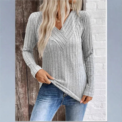 Women's slim-fit ribbed knit sweater with V-neck long-sleeves – Grey