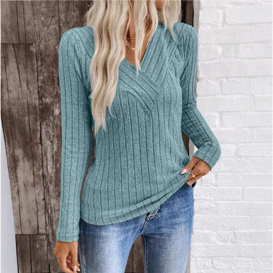 Women's slim-fit ribbed knit sweater with V-neck long-sleeves – Peacock Blue
