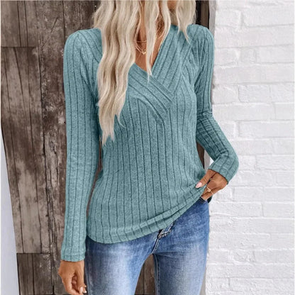 Women's slim-fit ribbed knit sweater with V-neck long-sleeves – Peacock Blue
