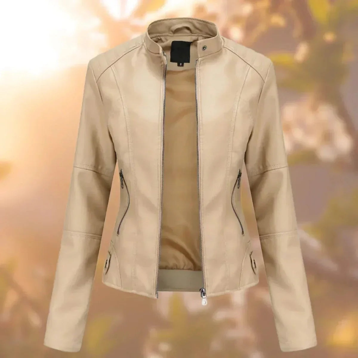 Women's slim-fit zip-up moto faux leather jacket – Beige