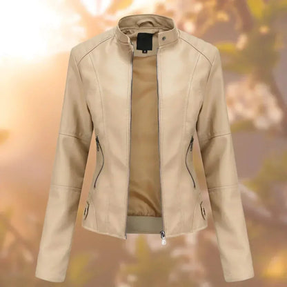 Women's slim-fit zip-up moto faux leather jacket – Beige