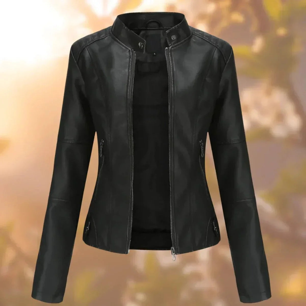 Women's slim-fit zip-up moto faux leather jacket – Black