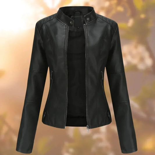 Women's slim-fit zip-up moto faux leather jacket – Black