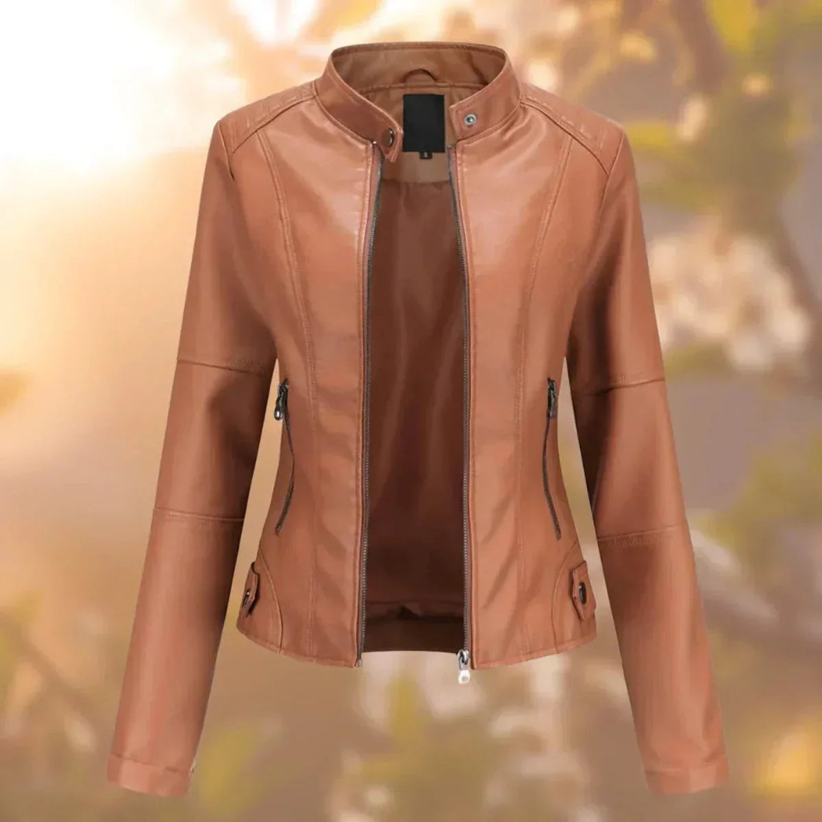 Women's slim-fit zip-up moto faux leather jacket – Brown
