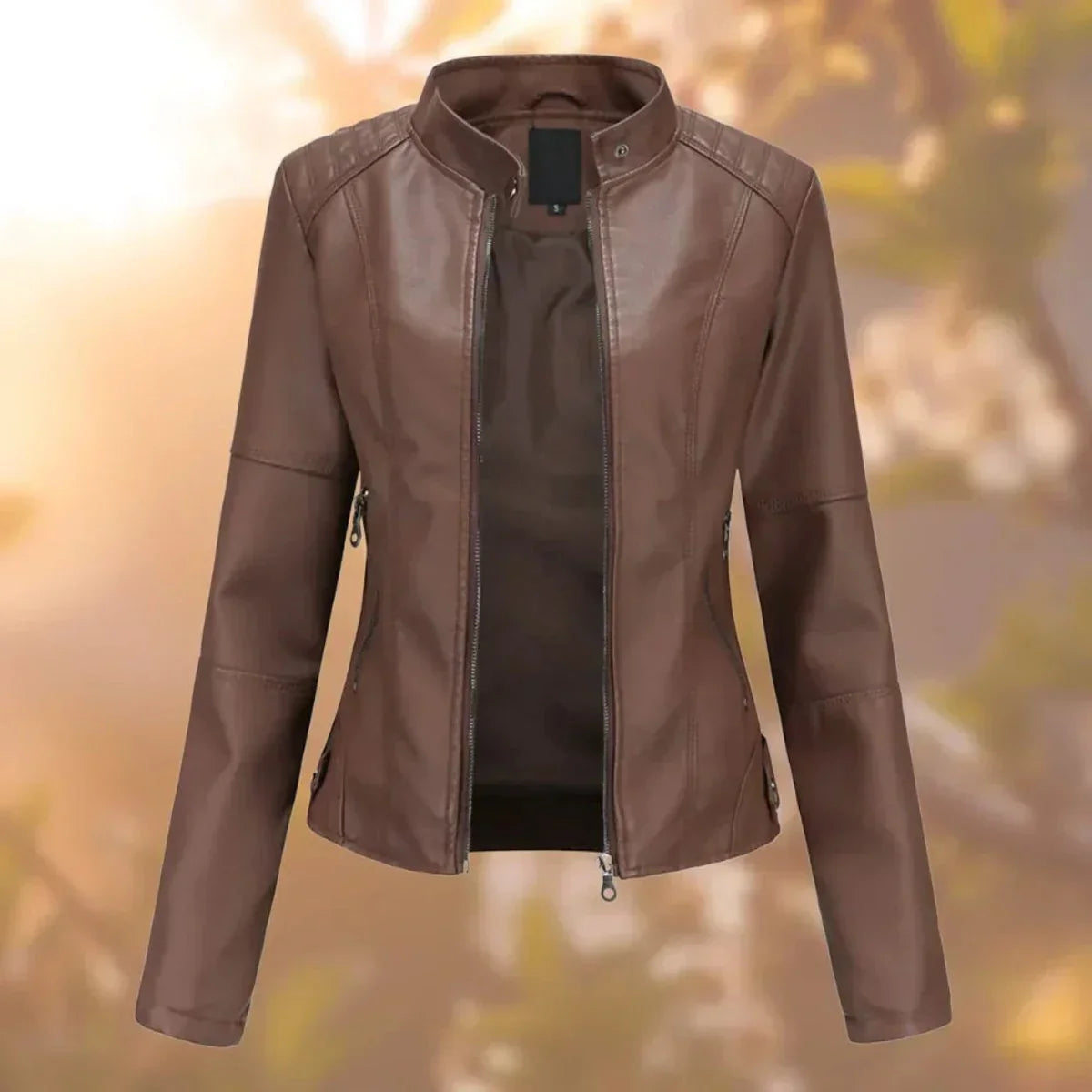 Women's slim-fit zip-up moto faux leather jacket – Dark Brown