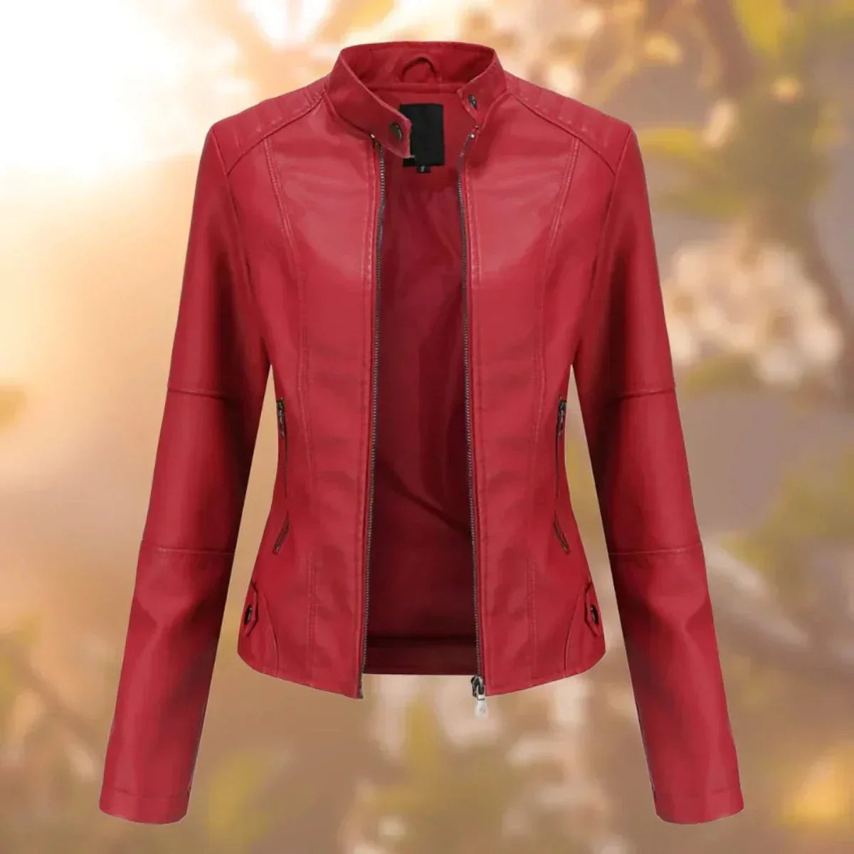 Women's slim-fit zip-up moto faux leather jacket – Red