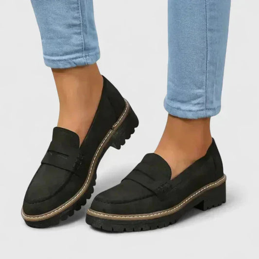 Women's slip-on faux suede comfort loafers with chunky lug sole – Black