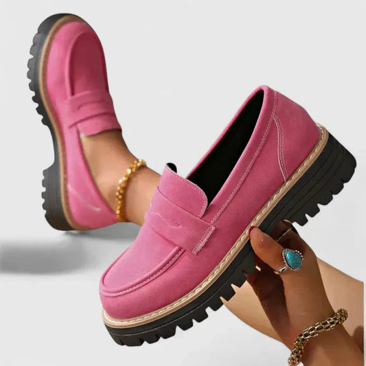 Women's slip-on faux suede comfort loafers with chunky lug sole – Pink