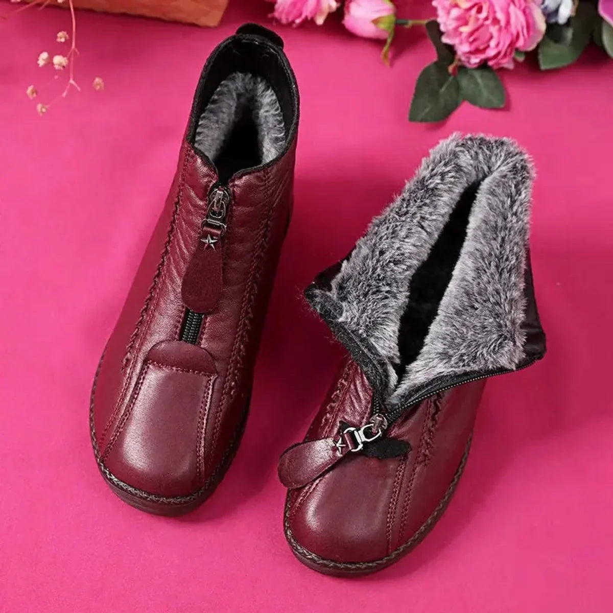 Women's slip-resistant fleece-lined leather ankle boots