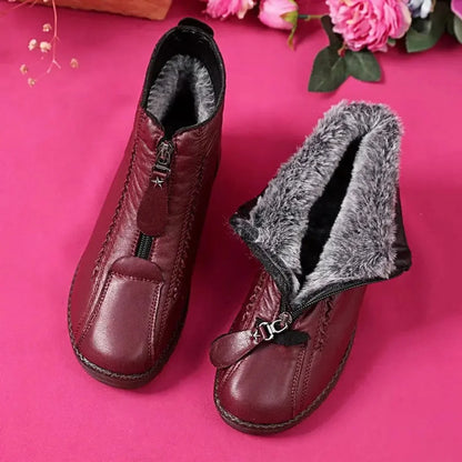 Women's slip-resistant fleece-lined leather ankle boots