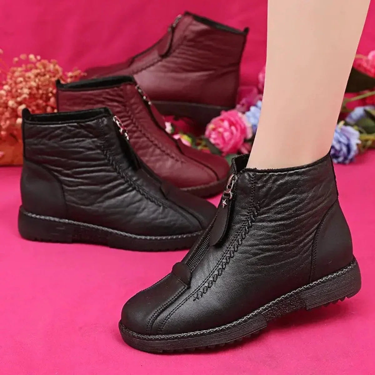 Women's slip-resistant fleece-lined leather ankle boots