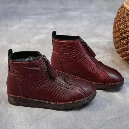 Women's slip-resistant fleece-lined leather ankle boots – Red