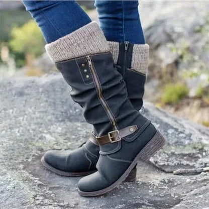 Women's slouchy knit-cuff mid-calf boots with side-zipper and buckle – Black
