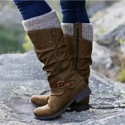 Women's slouchy knit-cuff mid-calf boots with side-zipper and buckle – Brown