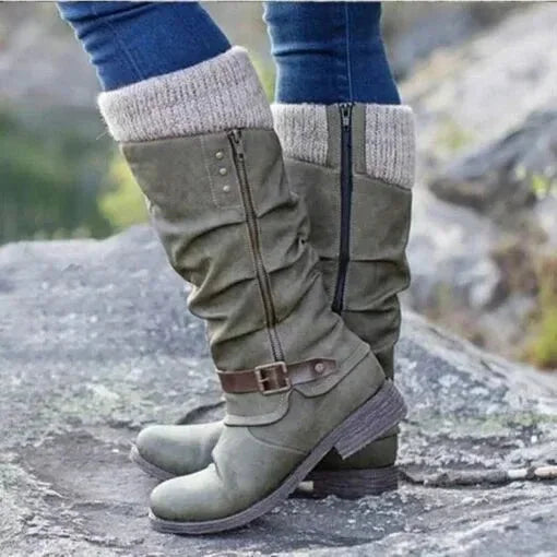 Women's slouchy knit-cuff mid-calf boots with side-zipper and buckle – Grey